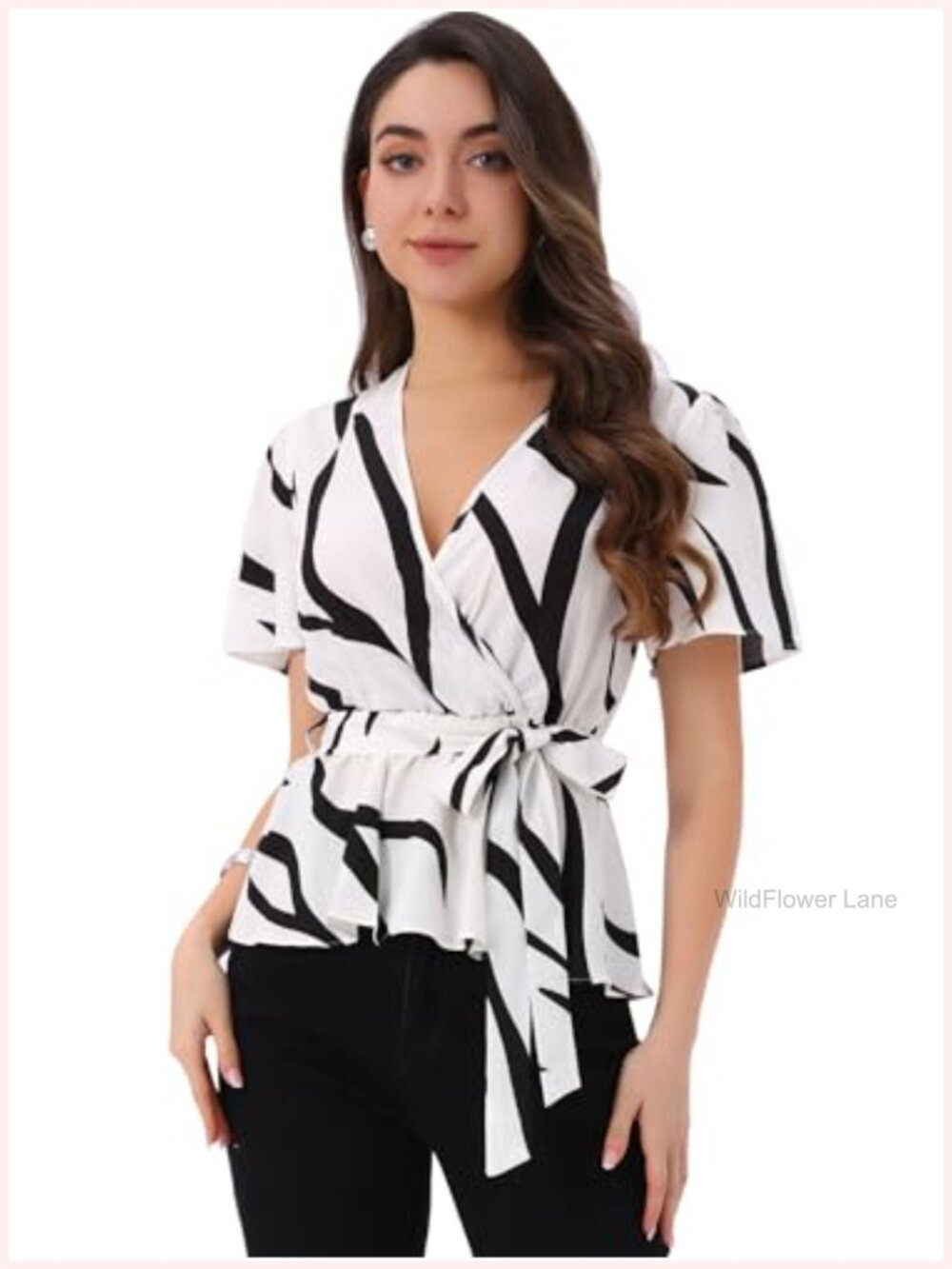 Women's Wrap Blouse Flutter Sleeve Elastic Waist Ruffle Hem Casual Office Top